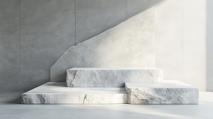 Modern white stone product display with asymmetrical geometric platforms, raw crystalline texture on sides contrasting with smooth display surface, subtle ambient occlusion, clean monochromatic gray