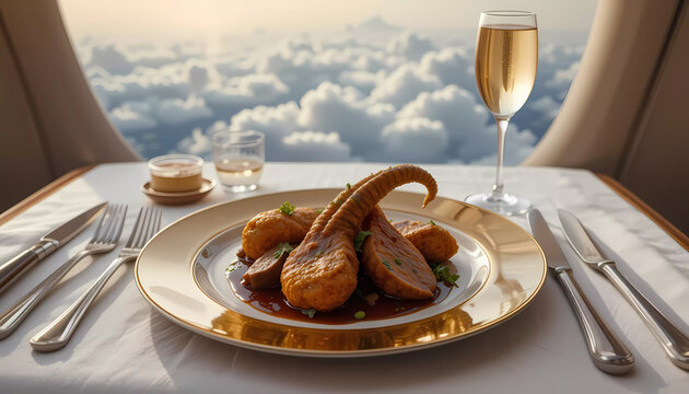A private jet dining setup featuring fried goat liver elegantly served on a gold-rimmed plate, with luxury cutlery, a glass of Dom Pérignon champagne, and an aerial view of the clouds.