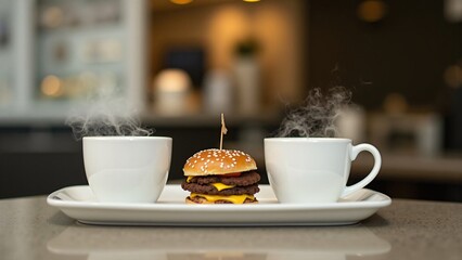 Double Cheeseburger and Two Steaming Cups of Coffee on a White Tray