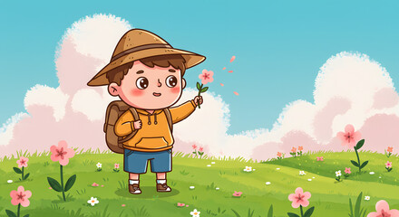 Obraz premium Happy Cartoon Boy with Flower in Spring Landscape