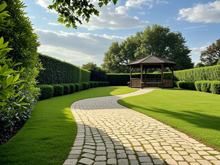 Fototapeta premium A tile and stone path between green grass,surrounded by lush green foliage and neatly trimmed hedges. Well-designed, landscaped, and shaded footpath
