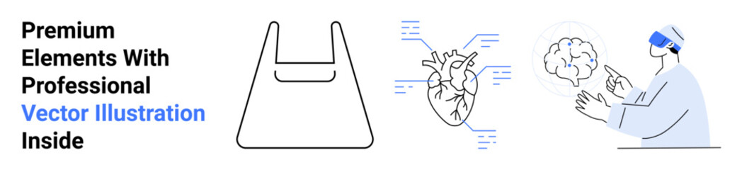 Digital heart with data elements, a brain, medical professional in VR headset exploring anatomy. Ideal for medical research, healthcare innovation, futuristic tech, digital education, biomedical
