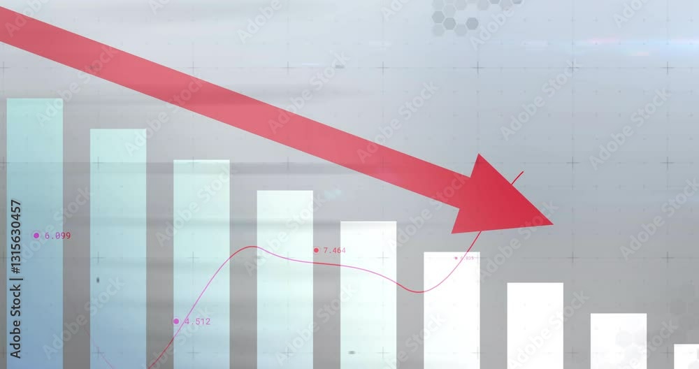 Poster animation of red downward arrow showing financial decline on bar graph