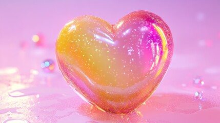 Chunky 3D heart with liquid glass effect, sweet gradient transition from bubblegum pink to pastel yellow, decorated with tiny sparkles and glitter elements, nostalgic Y2K cyber aesthetic, glossy