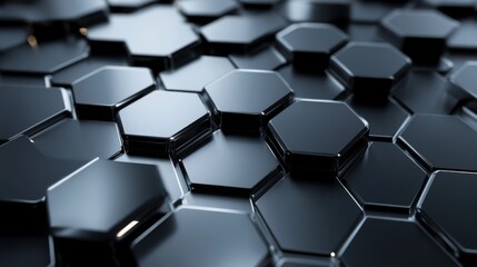 Precise geometric 3D hexagonal panels with ultra-polished chrome finish, seamless metallic surface with dynamic light reflections, deep space black to silver gradient, technological panel joints with