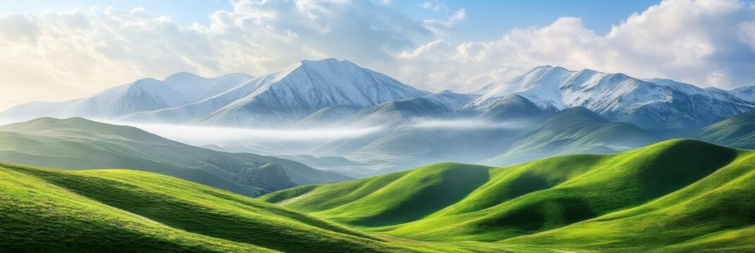 Scenic green hills with misty snow capped mountains under a cloudy sky capturing natures tranquility and beauty in the background