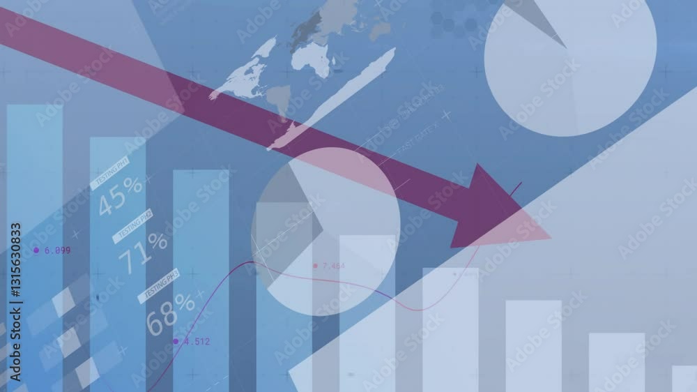 Poster animation of declining financial graph with red arrow over world map and bar chart