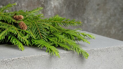 Naklejka premium Fir branches with cones on a concrete surface for winter holiday decoration and background use
