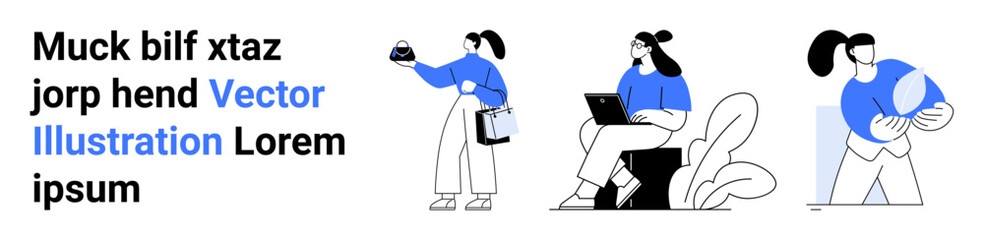 Female characters performing activities thumbs up working on a laptop, handling objects, and connecting with the world. Ideal for teamwork, diversity, technology, connection, productivity, design