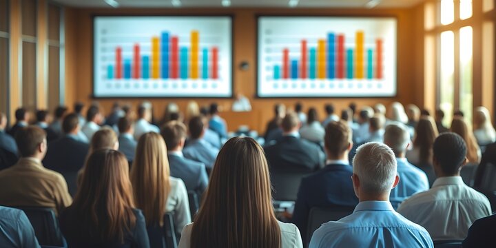 Audience of professionals attending a corporate business presentation in a modern conference room, with colorful bar charts displayed on dual screens for financial or data analysis purposes.

 - Powered by Adobe