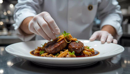 A close-up of a master chef in a high-end restaurant carefully plating a beautifully fried goat liver. The dish is garnished with caramelized onions, fresh herbs, and a touch of balsamic glaze. The ch