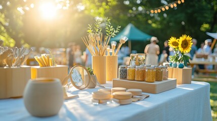 Rustic Outdoor Market Display with Natural Elements and Sunlight
