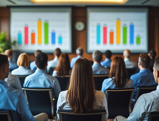 Audience of professionals attending a corporate business presentation in a modern conference room, with colorful bar charts displayed on dual screens for financial or data analysis purposes.