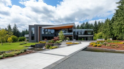 Obraz premium Luxurious modern estate with a long driveway, water features, and a stunning entrance