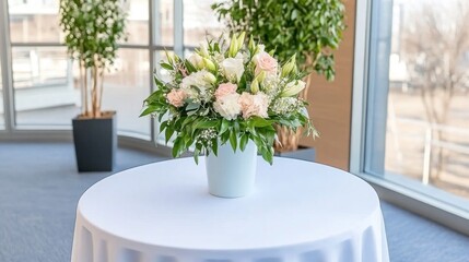 Fototapeta premium Floral arrangement centerpiece on a table inside modern, light event space for decoration, party