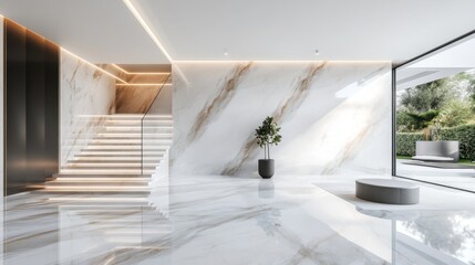 Luxury minimalist house with a sleek marble facade, floating staircase, and an elegant entryway