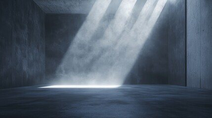 Fototapeta premium Moody dark space with smooth concrete foundation, dynamic white fog elements creating dimensional depth, premium architectural visualization showing material textures, dramatic studio lighting with
