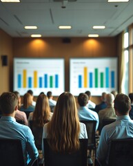 Audience of professionals attending a corporate business presentation in a modern conference room, with colorful bar charts displayed on dual screens for financial or data analysis purposes.

