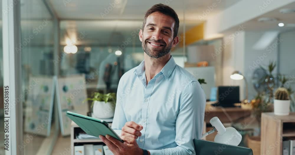 Aufkleber face, tablet and smile with business man in office for project manager, deadline schedule and planni