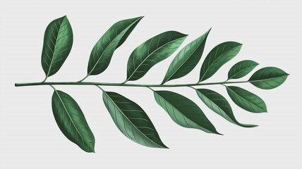 Naklejka premium The digital illustration features a fresh green plant stem with elongated leaves, arranged in a clean, natural, and botanical pattern on a white background.