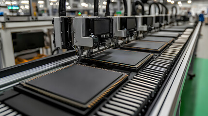 Robotic arms perform automated assembly operations in a manufacturing facility