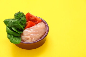 Bowl with healthy pet food on yellow background