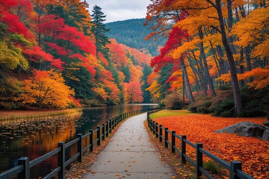 Vibrant Autumn Scenery at Lake Balaton with Colorful Foliage and Scenic Pathways