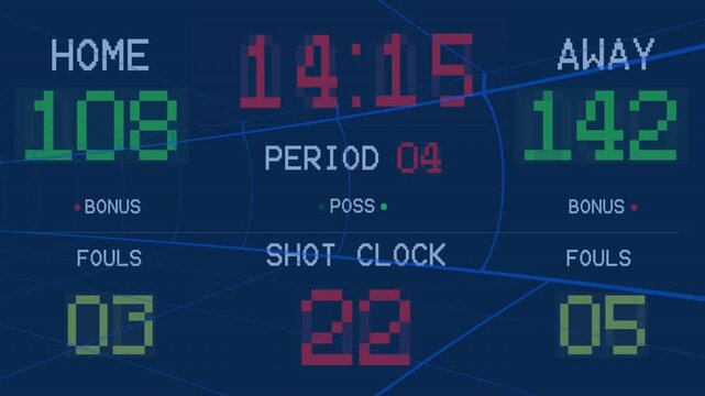 Showing basketball game score, digital scoreboard with period and shot clock countdown