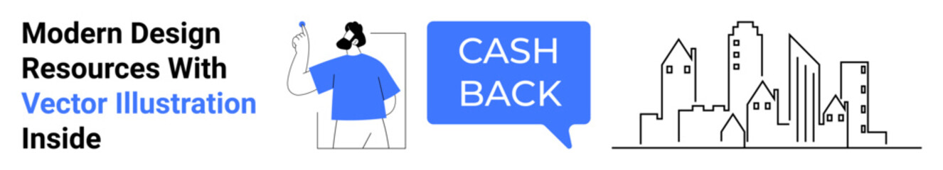 Fototapeta premium Person holding a phone, cashback message bubble, and city buildings. Ideal for finance, e-commerce, loyalty programs, urban living, promotions, customer engagement flat landing page banner