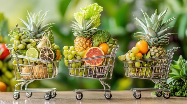 Vibrant Fresh Fruits and Vegetables in Mini Shopping Carts Display