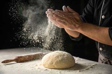 Baker claps hands, flour cloud rises over fresh dough dramatically.