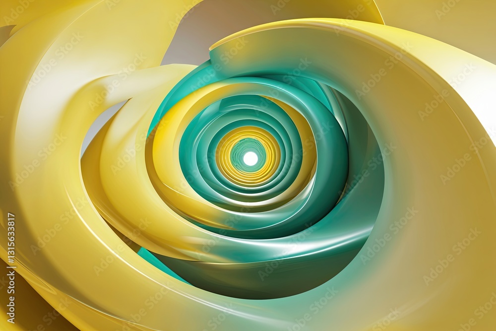 Poster three-dimensional abstract yellow spiral design with futuristic teal gradient and smooth curves