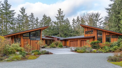 Fototapeta premium Minimalist wooden cabin with a modern design, flat roof, and clean lines in a peaceful setting