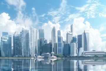 Fototapeta premium Tall skyscrapers with clear sky and river reflections, A modern skyline showcasing a fusion of traditional and contemporary architectural styles