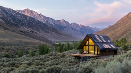 Fototapeta premium Modern A-frame house with large windows, nestled in a scenic mountain valley