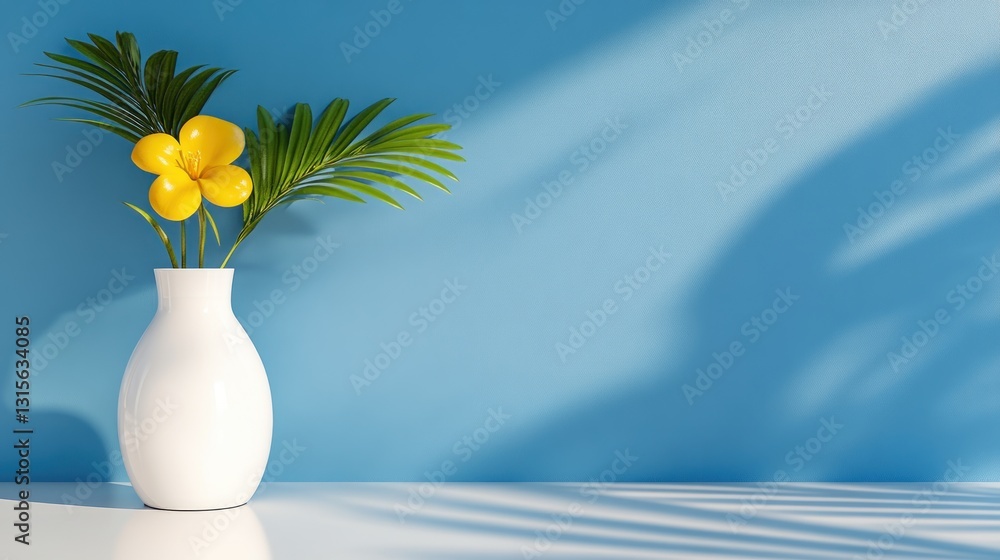 Poster flower vase on a table. minimalistic composition for decorations with soft background light for prod