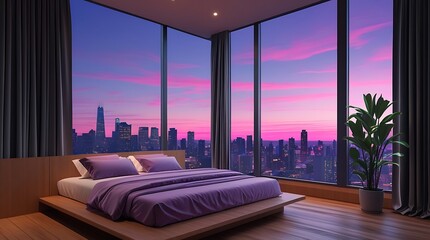 Luxurious modern bedroom interior with elegant purple bedding and panoramic floor-to-ceiling windows offering a stunning sunset city skyline view, ideal for architecture and lifestyle themes.


