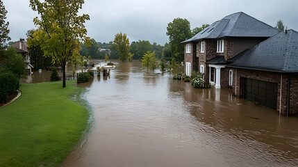 Fototapeta premium Severe flooding engulfs a suburban neighborhood after heavy rainfall