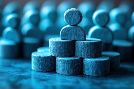 Blue Wooden Figures Stacked to Represent Teamwork, Leadership, and Community in a Conceptual Image Focused on Collaboration and Support