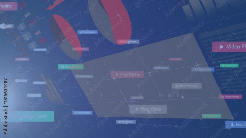 Poster animation of digital interface with video playing and message notifications on screen