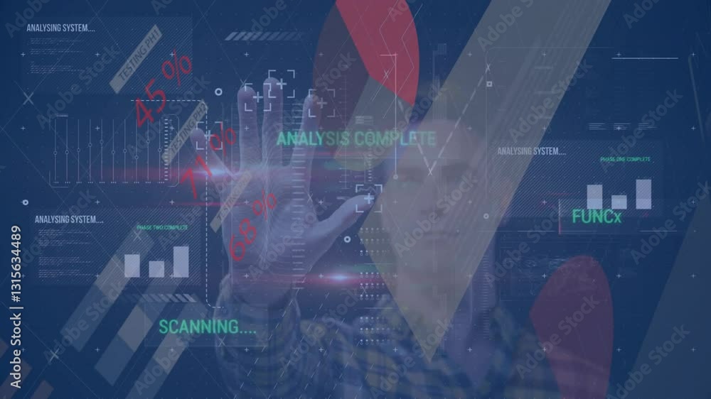 Poster interacting with digital interface, hand scanning data and displaying analysis