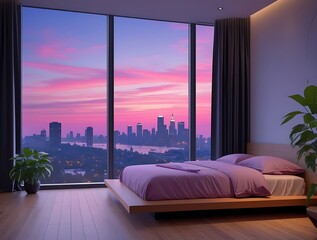 Luxurious modern bedroom interior with elegant purple bedding and panoramic floor-to-ceiling windows offering a stunning sunset city skyline view, ideal for architecture and lifestyle themes.


