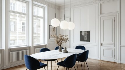 Modern dining space with an elegant marble table, velvet chairs, and a statement pendant light