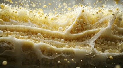 Microscopic view of corn cob interior, revealing intricate texture and structure with tiny kernels and fibers.