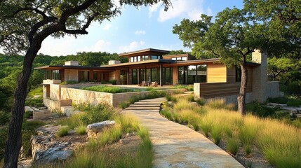 Fototapeta premium Modern eco-friendly wooden house with clean architectural lines, natural finishes, and a sustainable design
