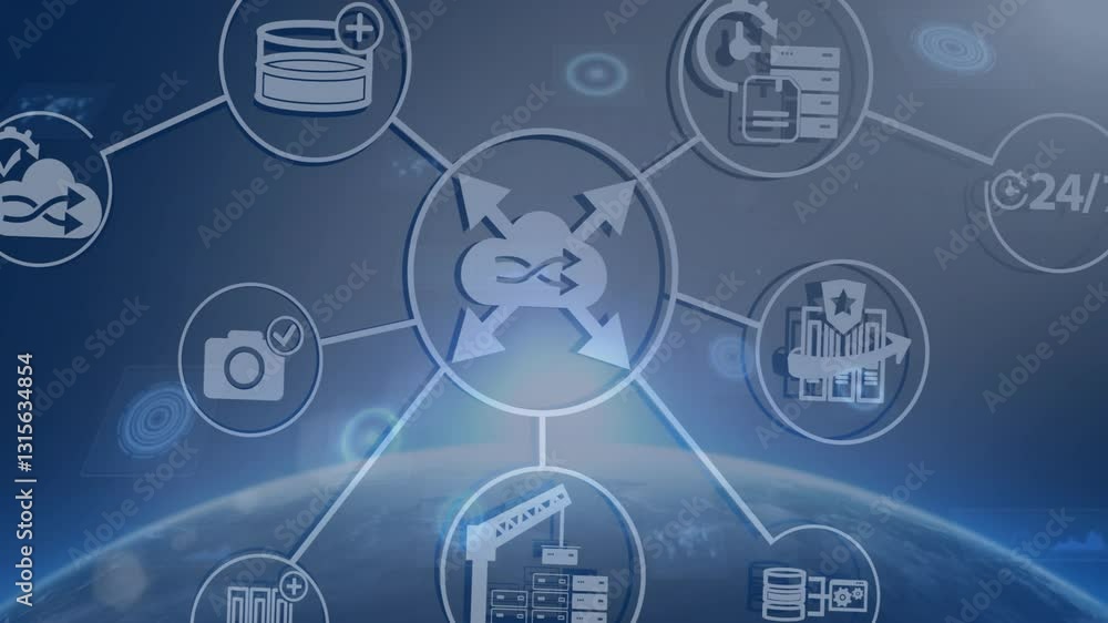 Poster animation of interconnected technology icons over digital globe in school setting