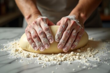 Hands knead dough, creating a cozy artisanal baking scene.