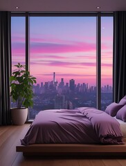 Luxurious modern bedroom interior with elegant purple bedding and panoramic floor-to-ceiling windows offering a stunning sunset city skyline view, ideal for architecture and lifestyle themes.


