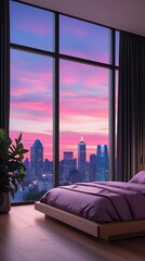 Luxurious modern bedroom interior with elegant purple bedding and panoramic floor-to-ceiling windows offering a stunning sunset city skyline view, ideal for architecture and lifestyle themes.


