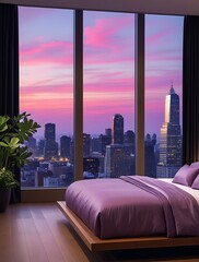 Luxurious modern bedroom interior with elegant purple bedding and panoramic floor-to-ceiling windows offering a stunning sunset city skyline view, ideal for architecture and lifestyle themes.


